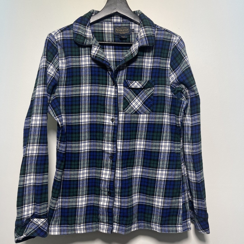 Pendleton Womens Flannel Shirt Blue Green White Plaid Long Sleeve Button Up M